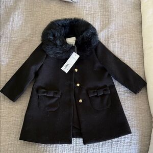 Janie and Jack Black Pea Coat with Faux Fur Collar